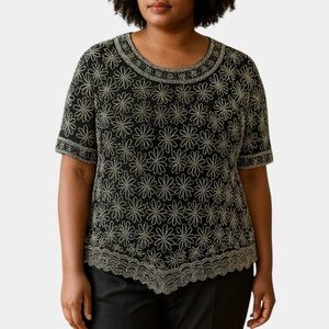 Papell Boutique Evening Sz 1X Black Silk Beaded Short Sleeve Top Scallop Hem VTG